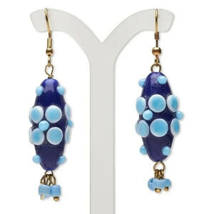 Handcrafted India Blue White Bumpy Flowers Glass Beads Brass Dangle Earrings